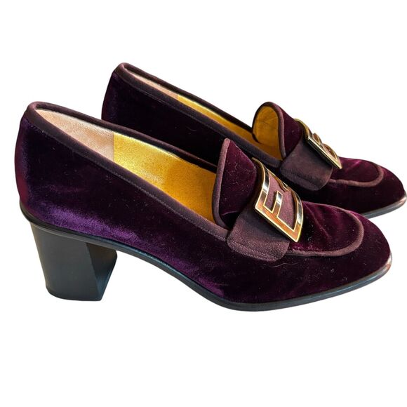 Authentic Fendi Size 36.5 Purple Velvet Heeled Logo Loafers 6.5 - Picture 1 of 9